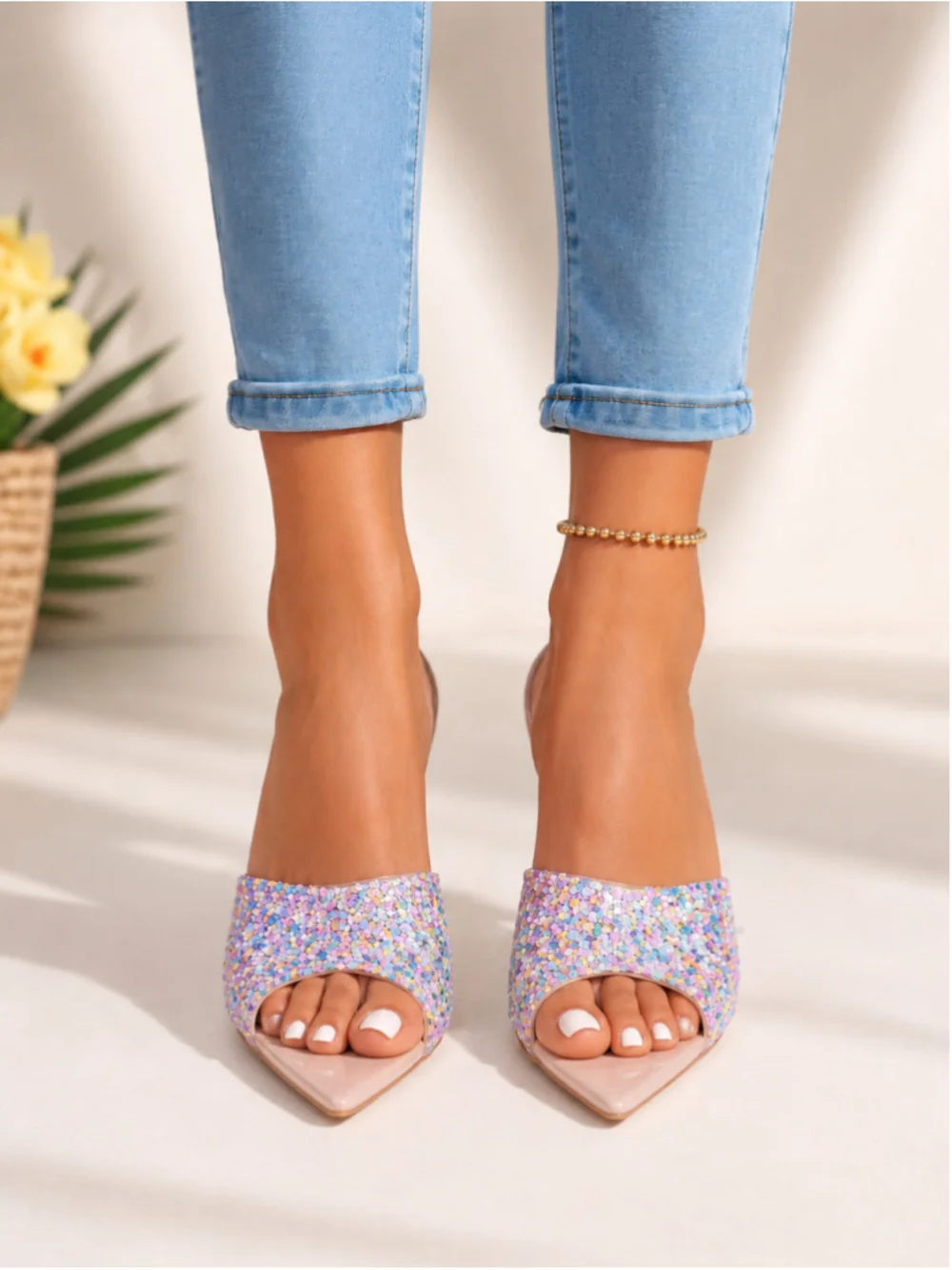 New Glitter PVC Stiletto Pointed-Toe Mule Heels